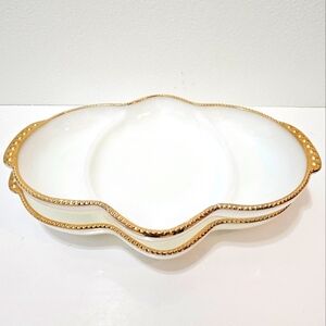 Vintage Anchor Hocking Fire King Milk Glass Relish Tray w/ Gold Beaded Trim (2)